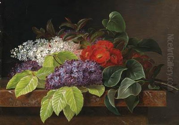 Grapes, Strawberries, A Peach, 
Hazelnuts And Berries In A Bowl On Amarble Ledge; And White And Purple 
Lilacs, Camellia And Beechleaves On A Marble Ledge. Oil Painting by Johan Laurentz Jensen