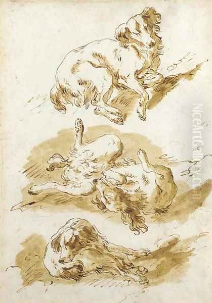 Three studies of a dog frolicking Oil Painting by Pietro Antonio Novelli