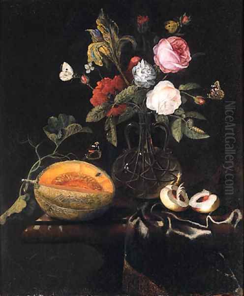 Roses, an iris and other flowers in a glass vase, a melon and a peach with butterflies on a draped marble table Oil Painting by Marten Nellius