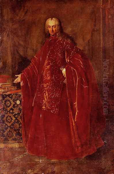 Portrait Of A Venetian Senator, Full Length, Standing By A Table Oil Painting by Nazzario Nazzari