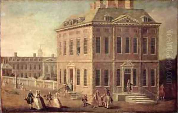 View of Ranelagh House and Gardens and the Chelsea Hospital with figures walking in the foreground Oil Painting by Joseph Nickolls