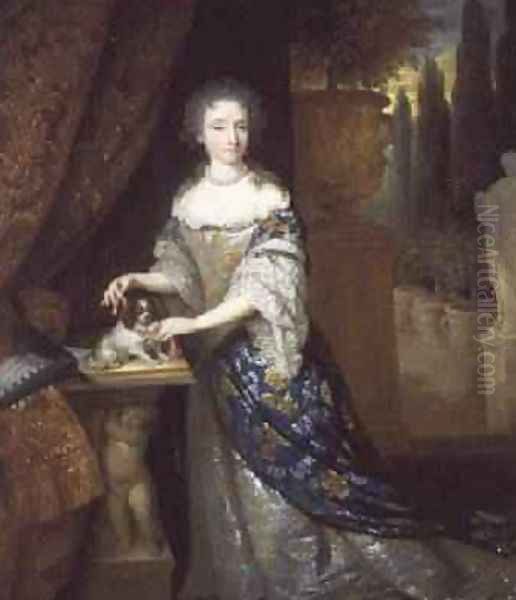 A Portrait of a lady with a Lapdog Seated on a Plinth 1690 Oil Painting by Constantin Netscher