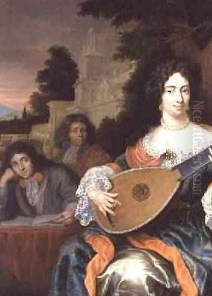 A Woman playing a Lute with her two sons behind her Oil Painting by Constantin Netscher