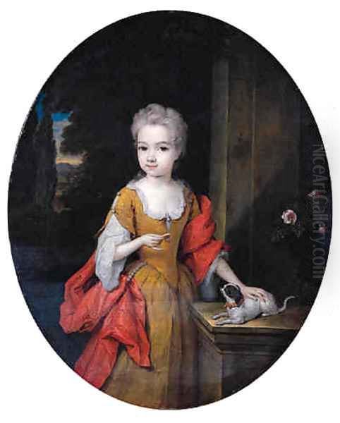 Portrait of Henriette Bentinck (1705-1792), later Countess of Clan Brassill, standing small three-quarter length, on a terrace Oil Painting by Constantin Netscher