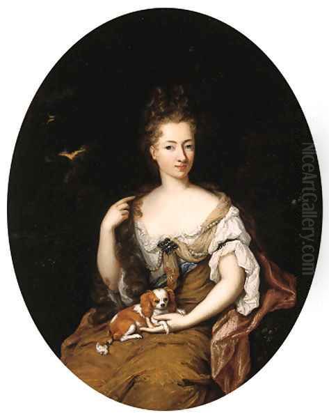 Portrait of a noblewoman, seated small three quarter length in a landscape, wearing a blue lined, ochre silk dress with lace chemise Oil Painting by Constantin Netscher