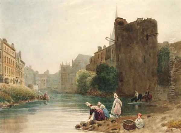 Women washing clothes in a French town river Oil Painting by Frederick Nash