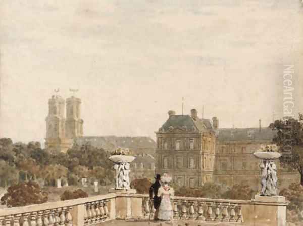 An elegant couple promenading in the Jardin du Luxembourg, Paris Oil Painting by Frederick Nash