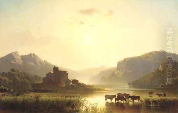 Cattle watering in a continental landscape Oil Painting by Alfred Nichols