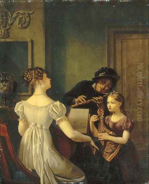 Elegant company playing music in an interior Oil Painting by Celestin Francois Nanteuil