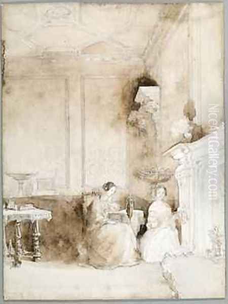 Florence Nightingale and Marianne Nicholson in the Drawing Room at Embley 1830 Oil Painting by Parthenope Nightingale (Lady Verney)