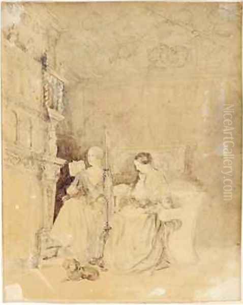 Marianne Nicholson reading to Florence Nightingale in the drawing room at Embley Oil Painting by Parthenope Nightingale (Lady Verney)