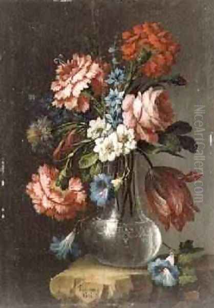 Roses Tulips Convolvuli and other flowers in a glass vase Oil Painting by Giacomo Nani