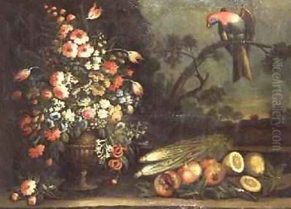 Still life mixed flowers vegetables and parrot Oil Painting by Giacomo Nani