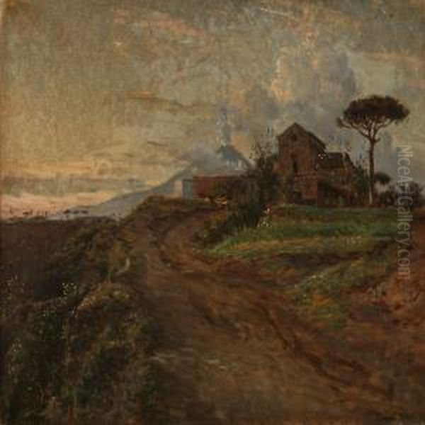 From The Unexcavated Part Of Pompei With Vesuvin The Background, Evening In April Oil Painting by Viggo Johansen