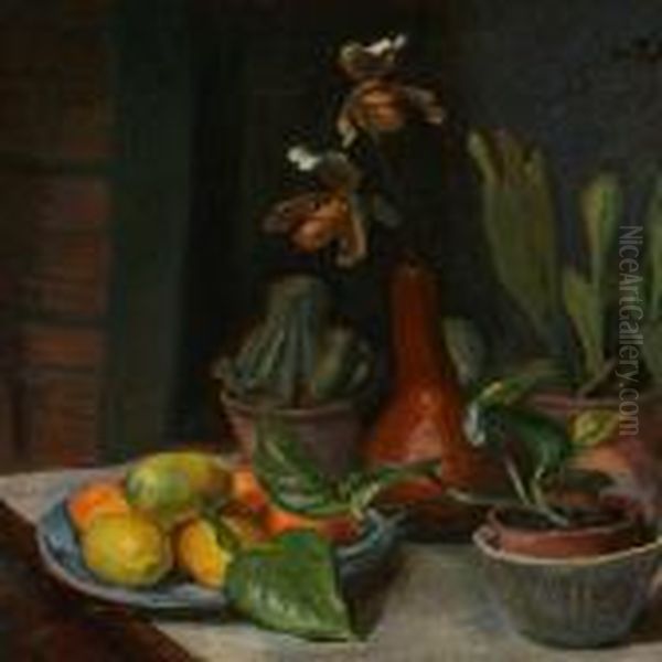 Plants And Fruit On Atable Oil Painting by Viggo Johansen