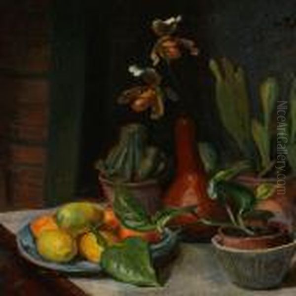 Plants And Fruit On A Table Oil Painting by Viggo Johansen