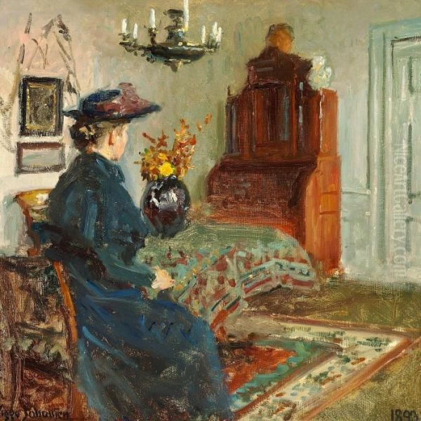 Interior With The Artist's Wife Martha In A Coat And Hat Oil Painting by Viggo Johansen