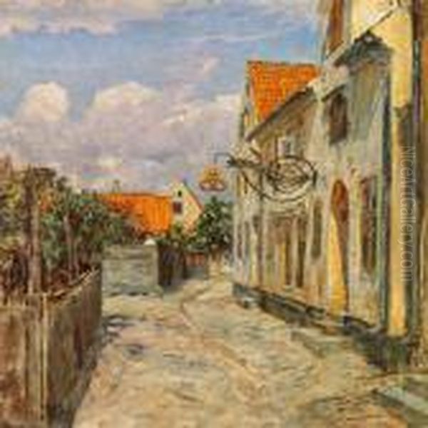 Street In Dragor With The Baker's Signpost (a Pretzel) On Ahouse Oil Painting by Viggo Johansen