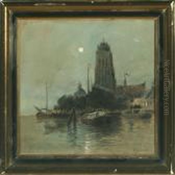 Harbour In Moonlight Oil Painting by Viggo Johansen