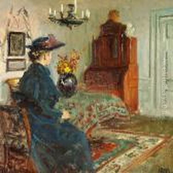 Interior With The Artist's Wife Martha In A Coat And Hat Seated Oil Painting by Viggo Johansen