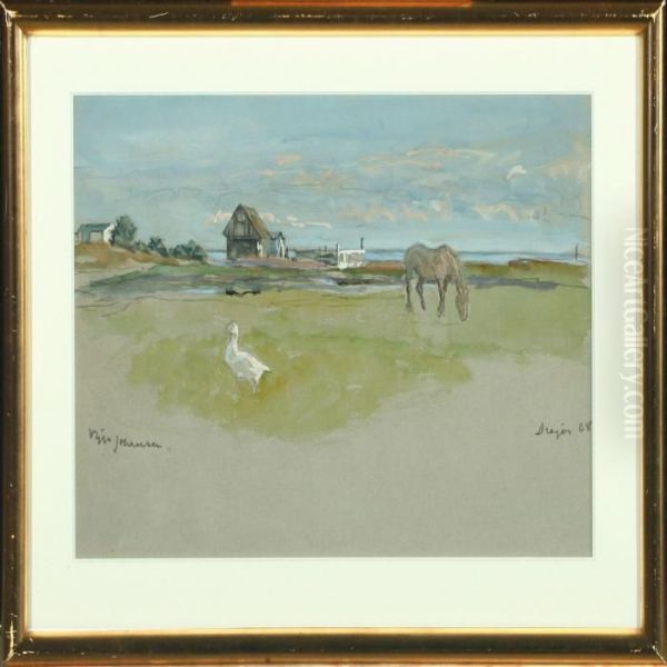 Landscape With Animalsin The Field And Houses In The Background Oil Painting by Viggo Johansen