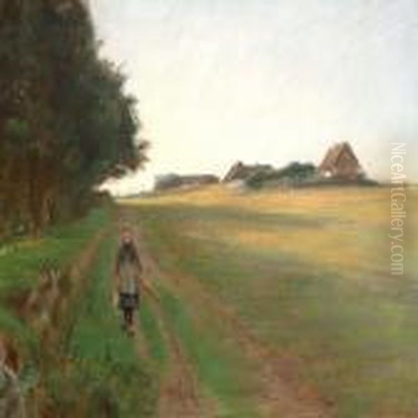 A Girl On A Track Oil Painting by Viggo Johansen