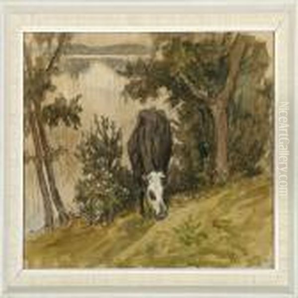 Grazing Cow Oil Painting by Viggo Johansen