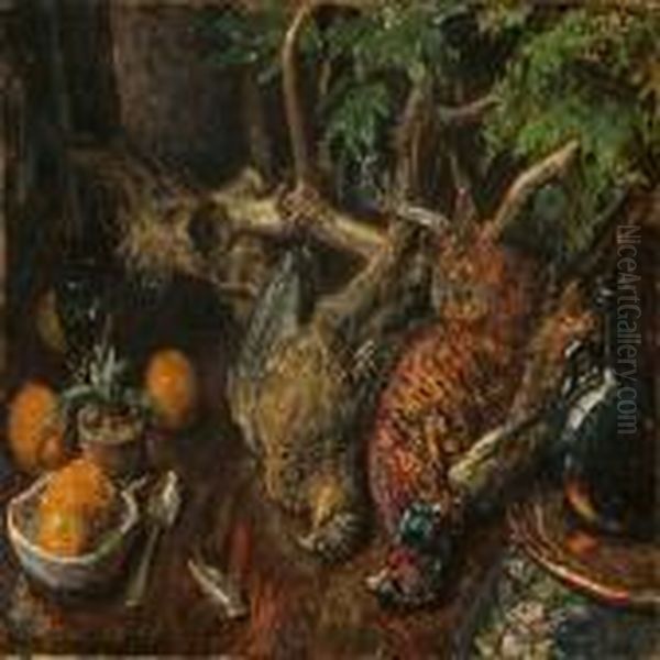 Still Life With Pheasants And Antlers Oil Painting by Viggo Johansen