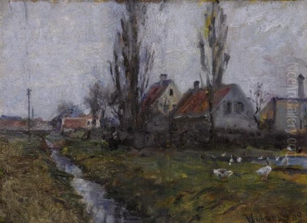 Village By The Stream Oil Painting by Viggo Johansen