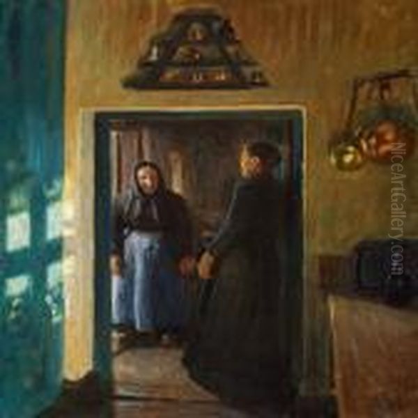 Interior From Skagen With Two Women In A Doorway Oil Painting by Viggo Johansen