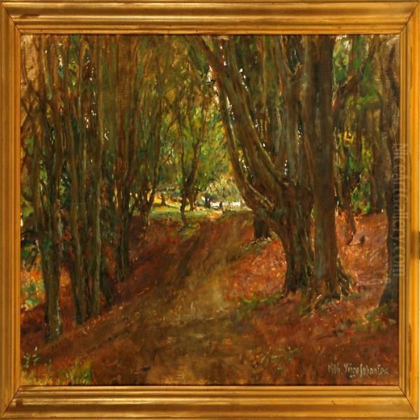 A Dirt Road Through Anautumn Forest Oil Painting by Viggo Johansen