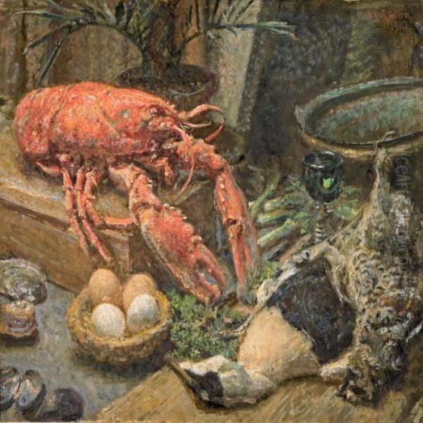 Nature Morte With Lobster And Eider Oil Painting by Viggo Johansen