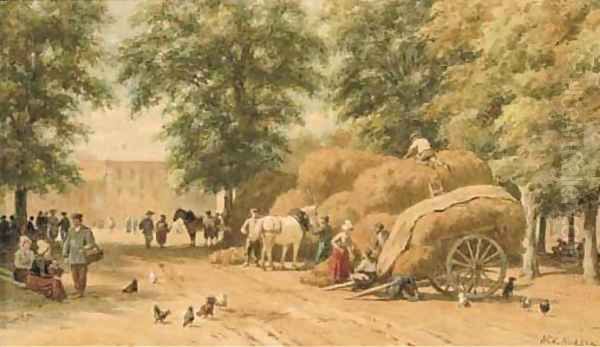 Haycarts in a town Oil Painting by Willem Carel Nakken