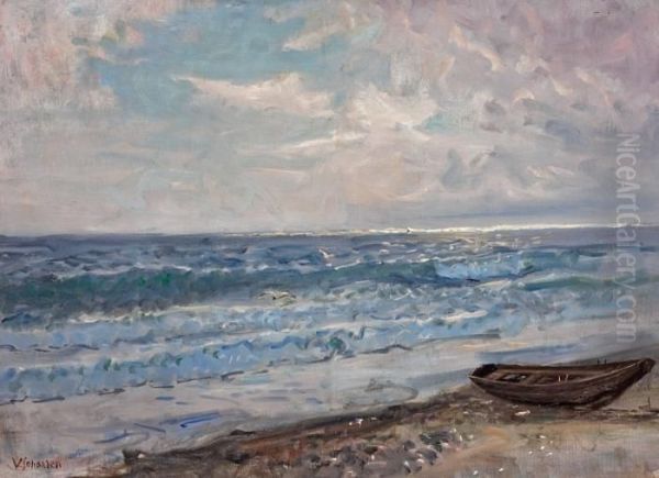 Coastal Scenery With Dinky. Signed V. Johansen Oil Painting by Viggo Johansen