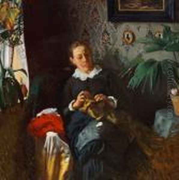 Interior With The Artist's Wife In An Easy Chair Oil Painting by Viggo Johansen