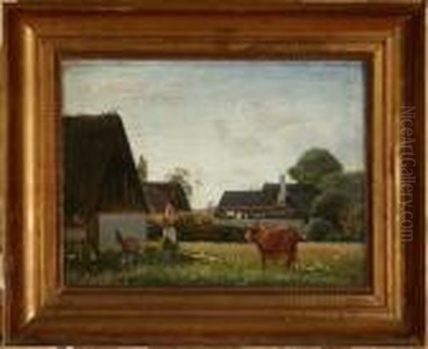 Milking The Cow. Signed And Dated Monogram 74 Oil Painting by Viggo Johansen