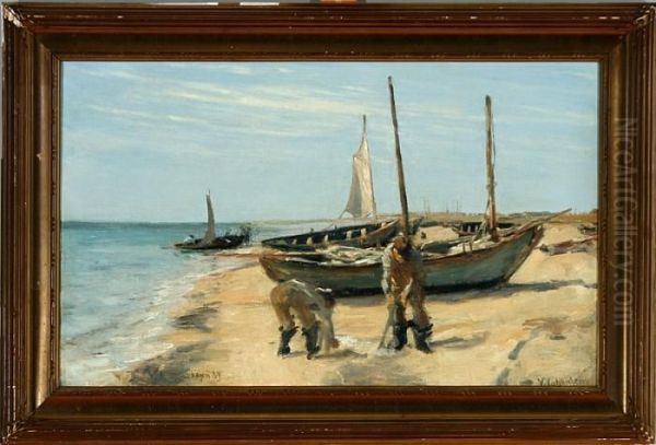 Fishermen At Skagen Beach, Denmark Oil Painting by Viggo Johansen