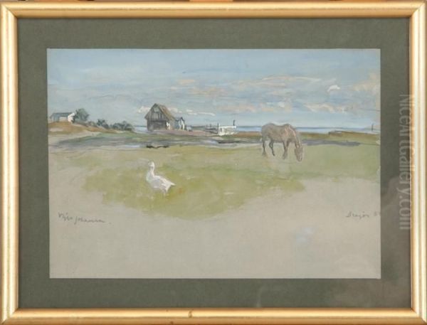 Scnery With A Horse And A Goose Oil Painting by Viggo Johansen