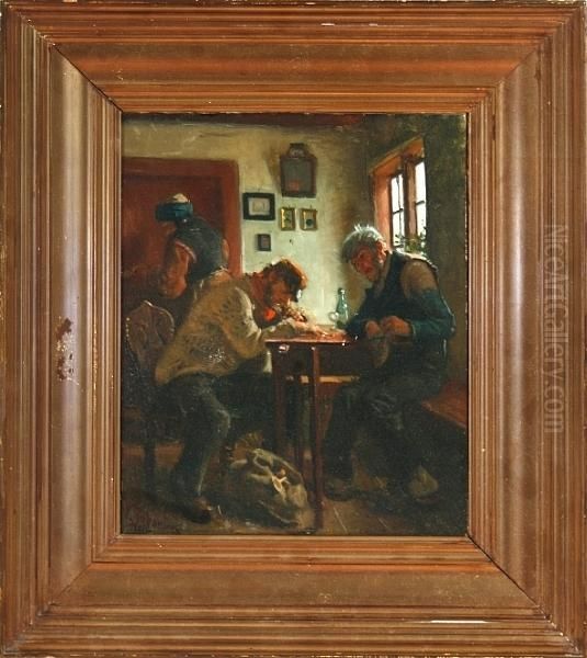 An Inn Interior With Two Drinking Men Oil Painting by Viggo Johansen