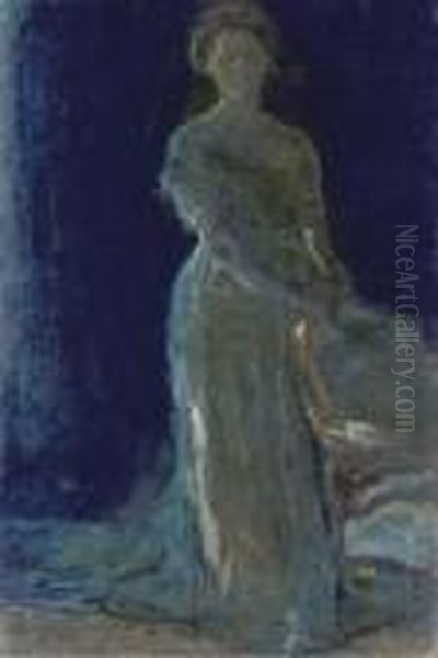 Study Of A Lady In Blue Oil Painting by Viggo Johansen