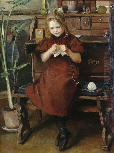 A Young Girl Knitting Oil Painting by Viggo Johansen