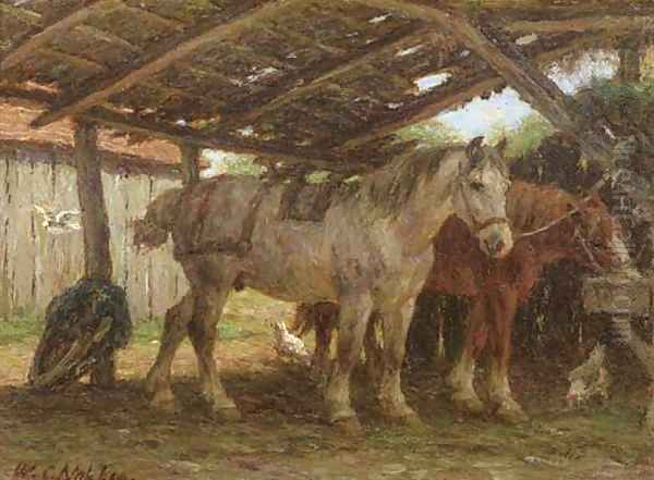 Two horses in a stable Oil Painting by Willem Carel Nakken