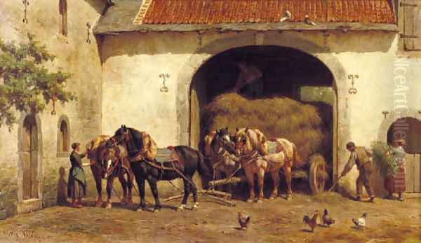 Unloading the hay-wagon Oil Painting by Willem Carel Nakken