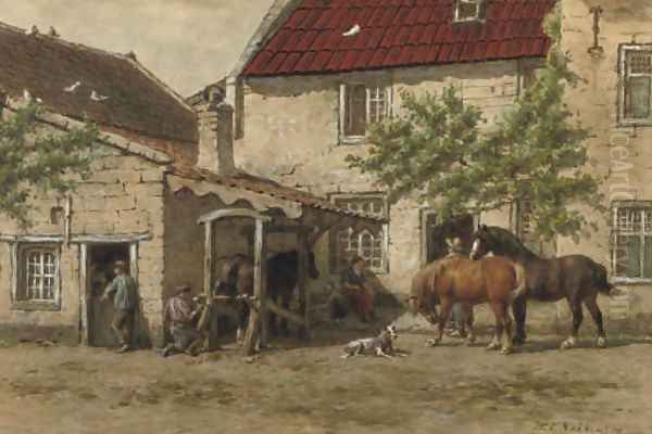 Grooming the horses Oil Painting by Willem Carel Nakken