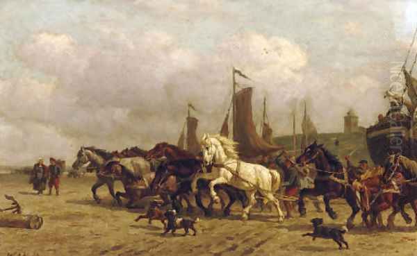 Horsepower dragging a 'Bomschuit' to sea, Scheveningen Oil Painting by Willem Carel Nakken