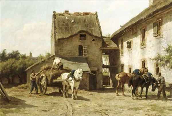 In Ryes horses in a sunny farmyard Oil Painting by Willem Carel Nakken