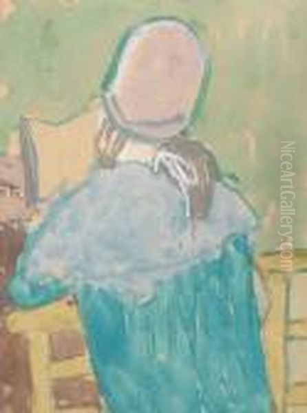 Back View Of A Kneeling Girl In A Pink Hat,reading A Prayer Book Oil Painting by Gwendolen John