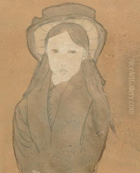 Little Girl With A Large Hat And Straw-coloured Hair Oil Painting by Gwendolen John