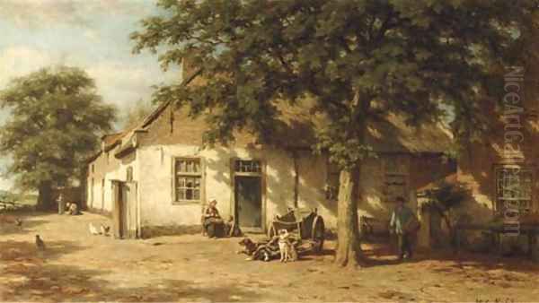 Peasants in a sunlit farmyard Oil Painting by Willem Carel Nakken