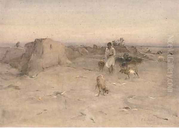 An Egyptian goatherder Oil Painting by Erskine E. Nicol